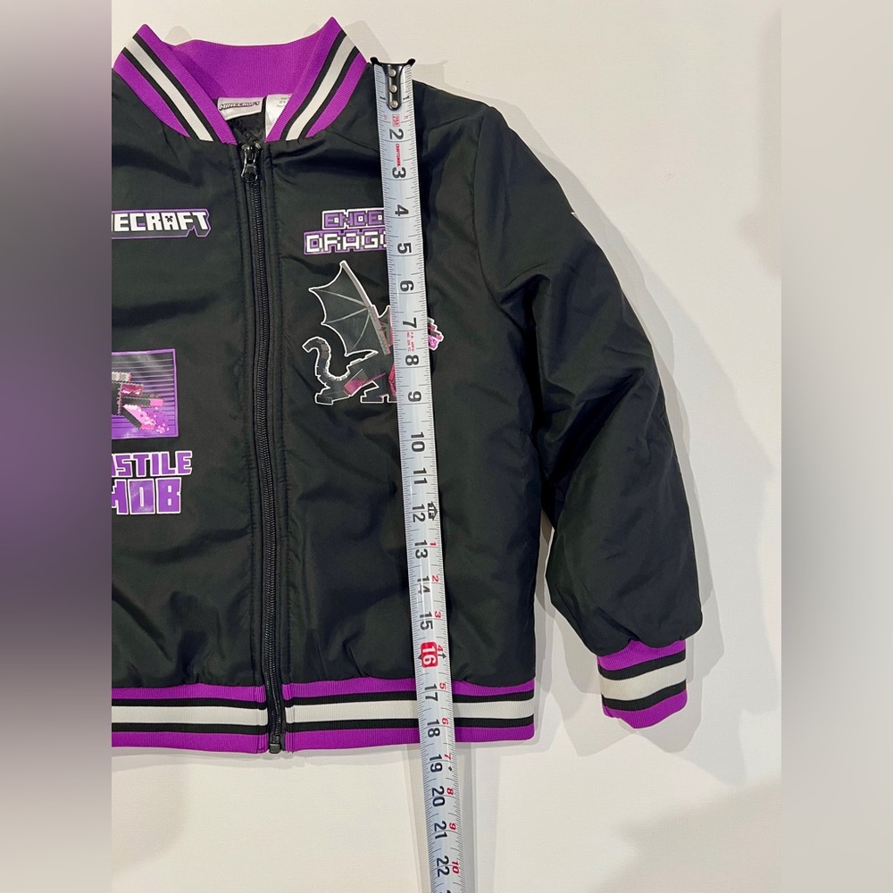 Minecraft Ender Dragon Bomber Jacket Kids Black and Purple Puffer Size 7 Unique - Picture 2 of 12